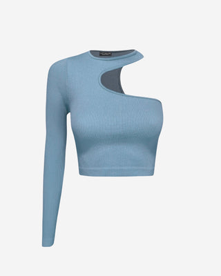 Front view of a soft blue rib knit one shoulder cropped top with sleek body-hugging silhouette