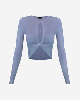Dusty blue ribbed long sleeve crop top with front twist detail, keyhole cutout neckline, fitted silhouette, and cropped hem for women’s contemporary fashion styling
