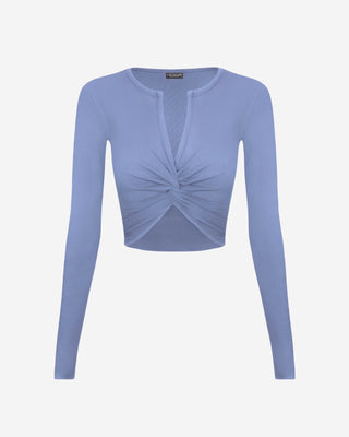Dusty blue ribbed knit crop top for women featuring a front twist design, deep split neckline, long sleeves, and body-contouring fit