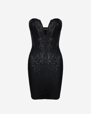 Black sequins tube mini dress.