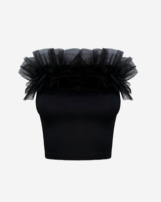 Black strapless crop top with voluminous tulle ruffle neckline, ribbed stretch fabric, and flattering fitted design