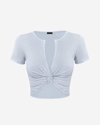 Heather gray ribbed crop top for women featuring a twist-front detail, plunging neckline, short sleeve design, soft stretch fabric, and a flattering cropped fit