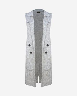 Women’s gray sleeveless longline duster vest with tailored lapel, button details and open front, chic layering piece for fall and transitional outfits.