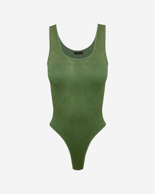 A green, dye washed, ribbed fabric bodysuit with a round neckline and smooth, buttery feel.