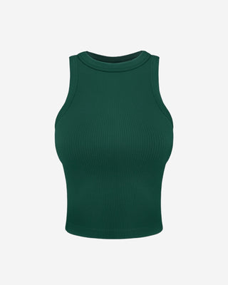 Forest green ribbed crop tank top for women with a high neckline, sleeveless design, and flattering stretch fit, ideal for casual wear, layering, and elevated basics collection pieces