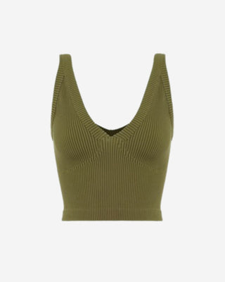 Front product image of a fitted olive rib knit cropped tank featuring a structured V neck, supportive wide straps, and a contouring underbust seam.