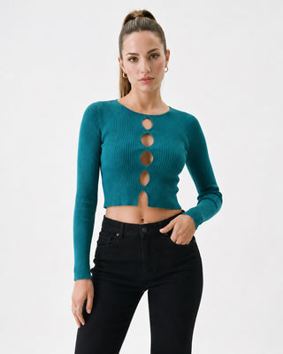 Women’s teal ribbed knit crop top with long sleeves and front keyhole cutouts, styled with black high-waisted jeans for a chic going-out outfit, date night look and elevated everyday street style.