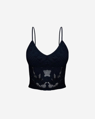 A black lace crop top with adjustable straps and a pleated trim.