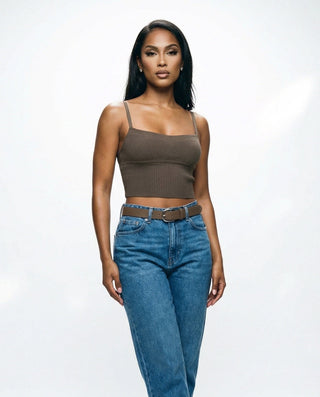 Mocha ribbed crop tank top for women featuring thin shoulder straps, a square neckline, fitted silhouette, and stretch knit fabric, styled on a model with high-waisted jeans against a white studio background.