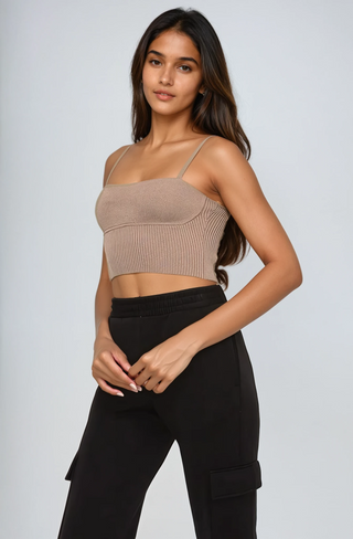 Light mocha knit crop top paired with black joggers.