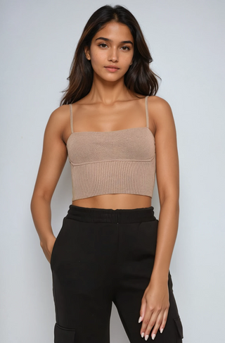 Light mocha colored knit crop top with adjustable straps.