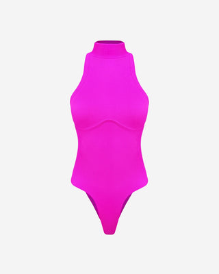 Hot pink ribbed mock neck bodysuit with a sleeveless design, high neckline, sculpting stretch fit, and underbust contour seam for women's fashion