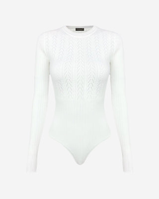 Ivory ribbed pointelle knit bodysuit with long sleeves, crew neck, stretch fabric, and a flattering slim fit