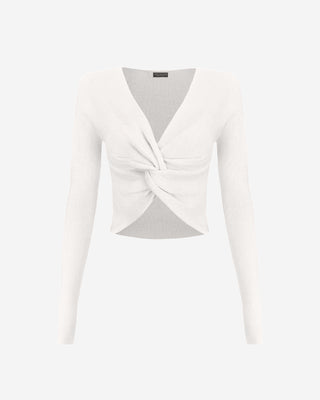 White ribbed knit crop top for women featuring a front twist detail, plunging V-neckline, long sleeves, and body-hugging fit for everyday styling