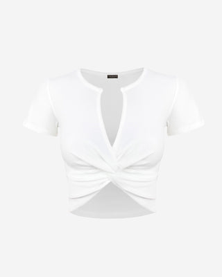 White short sleeve ribbed crop top featuring a front twist detail, V-neckline, and soft stretch fabric for a flattering everyday fit