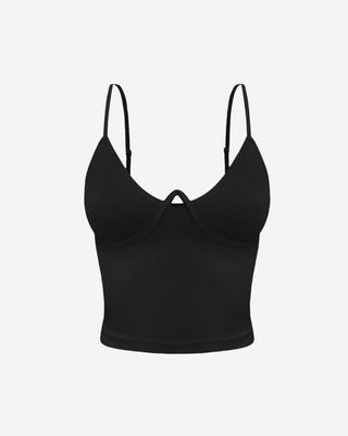 Black ribbed camisole with a V-bar detail on the chest and adjustable straps.