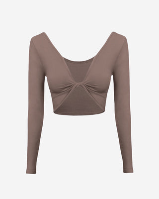 A mocha-colored reversible crop top with a ribbed design, showing the back view.