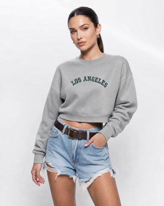 Women's Los Angeles cropped sweatshirt in vintage grey with embroidered collegiate lettering, relaxed oversized fit, crew neck, and long sleeves for casual everyday style