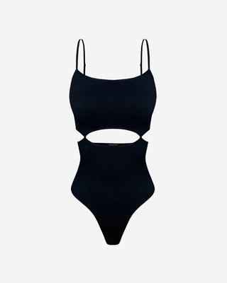 Front view of a black women’s cutout bodysuit highlighting slim straps, scoop neckline, front waist cutout design, high-leg silhouette, and smooth fitted construction.