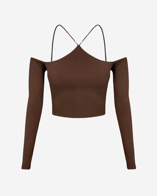 Chocolate knit off shoulder long sleeve crop top.
