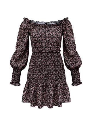 Black floral off-the-shoulder smocked mini dress with long puff sleeves and a ruffle hem, lightweight women's floral dress for fall, date nights, vacations, brunch, and everyday chic styling.