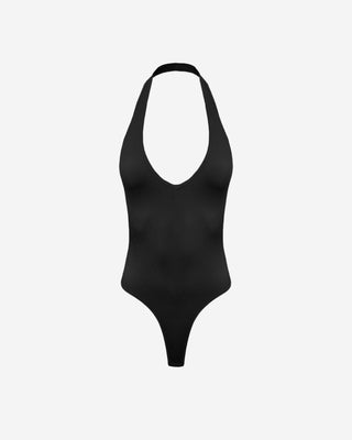 Black ribbed halter bodysuit against white background.