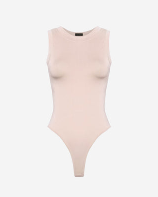 Alabaster ribbed sleeveless bodysuit for women featuring a minimalist scoop neckline, high-leg cut, and sleek stretch knit construction.