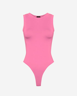 Carnation pink ribbed sleeveless bodysuit for women highlighting a scoop neckline, high-cut leg openings, and smooth fitted silhouette.