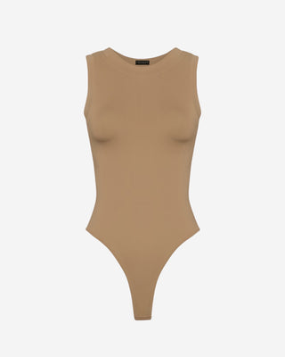 Mocha ribbed sleeveless bodysuit for women featuring a scoop neckline, high-leg cut, and smooth body-contouring fit.