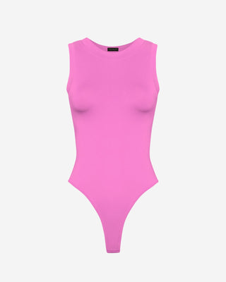 Orchid ribbed sleeveless bodysuit for women featuring a scoop neckline, high-leg cut, and body-hugging stretch knit fit.