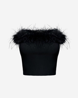 Black feather-trim strapless crop top for women, highlighting a structured fit, smooth fabric, and statement feather neckline detail.