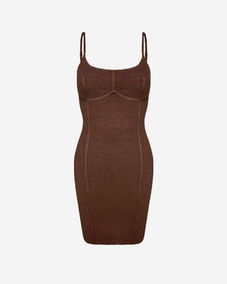 Brown knit mini dress with corset details and adjustable straps.