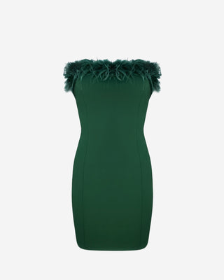 A forest green feathered mini dress with a tube fit and a hidden zipper at the back with hook and eye closure.