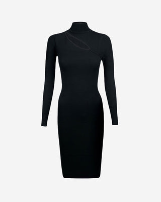 Black ribbed long sleeve midi dress with chest cutout detail and mock neck.