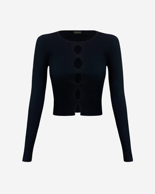 Black knit long sleeve top with cut out design down center.