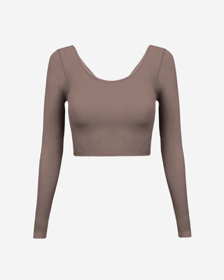 A mocha-colored reversible crop top with a ribbed design, showing the back view.