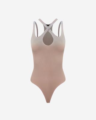 Front view of a mocha sleeveless bodysuit featuring a ribbed stretch fabric, crossover strap detail at the neckline, and a teardrop keyhole opening.