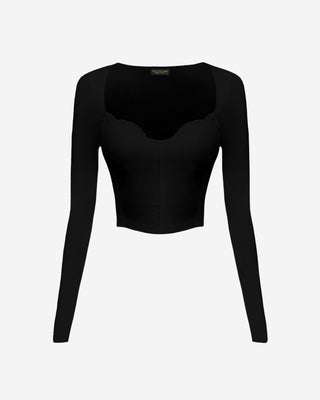 Women's black fitted crop top with lace detail, sweetheart neckline, long sleeves, and sculpting corset-style construction for elevated everyday styling