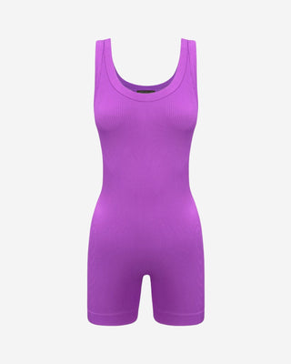 A solid purple modal compression romper with a round neckline and thick seams.