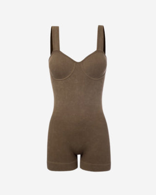 Front view of a mocha women’s ribbed romper highlighting wide shoulder straps, contoured bust seams, stretch knit fabric, and a smooth body-hugging fit.