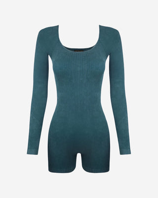 Front view of the women’s ribbed long sleeve romper, highlighting the scoop neckline, contoured fit, and short-length design.
