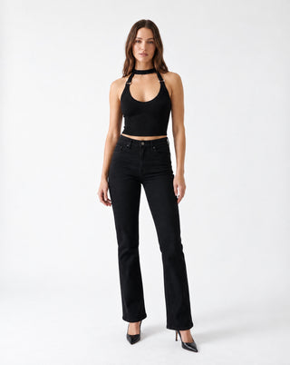 Black Moto Collared Crop Top by Metalux featuring a fitted design and shoulder epaulets, styled with a sleek, modern look.
