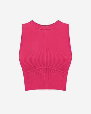 Hot pink ribbed crop top for women featuring a sleeveless high-neck design, seamless stretch fabric, contour seam detailing, and a flattering fitted silhouette perfect for workouts, athleisure, and everyday wear