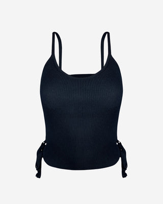 Black knit crop top with functional tie closures on both sides.