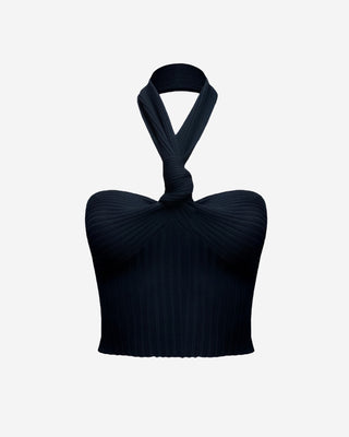 A black knot halter crop top with thick ribbed material, featuring a knot detail on the chest and a frilled bottom seam.