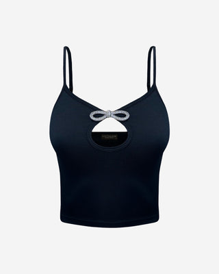 Front view of a black women’s crop top highlighting slim straps, keyhole cutout, crystal bow accent at the neckline, and body-hugging cropped fit.