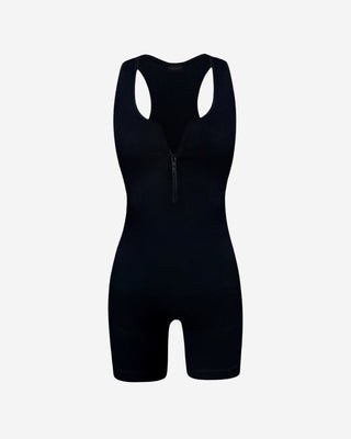 Black sleeveless zip-front romper featuring ribbed stretch fabric, racerback styling, fitted shorts, and a sleek body-hugging silhouette