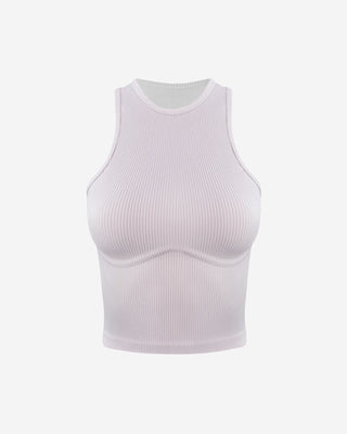 Front view of the women’s ribbed pink crop top, highlighting the high neckline, contoured bust seams, and cropped silhouette.
