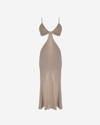Elegant sand beige cutout maxi dress with adjustable straps, twist bust detail, and a fitted full-length silhouette for special occasions and summer styling