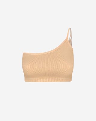 A peach-colored, one-shoulder, ribbed brami with ultra stretch and thick seams.